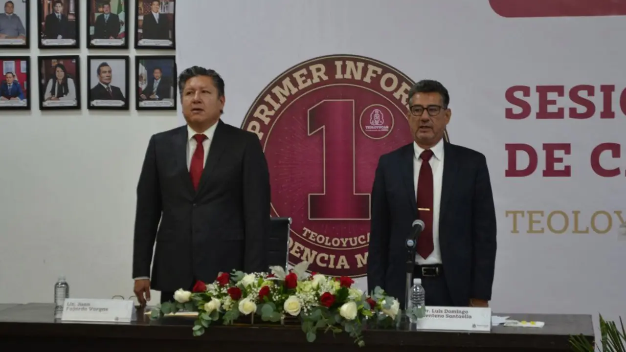 Alcalde del municipio de Teoloyucan, durante su primer informe de gobierno. Foto: FB (Gobierno De Teoloyucan 2025-2027)