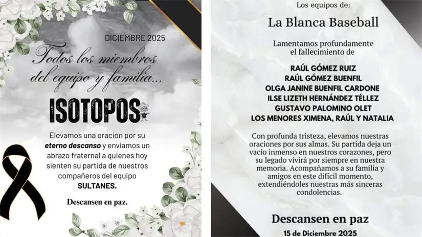 imagen recuadro La comunidad de la Liga Única de Béisbol de Azcapotzalco rinde homenaje a los integrantes del equipo Sultanes que perdieron la vida en el accidente aéreo. Foto: Especial