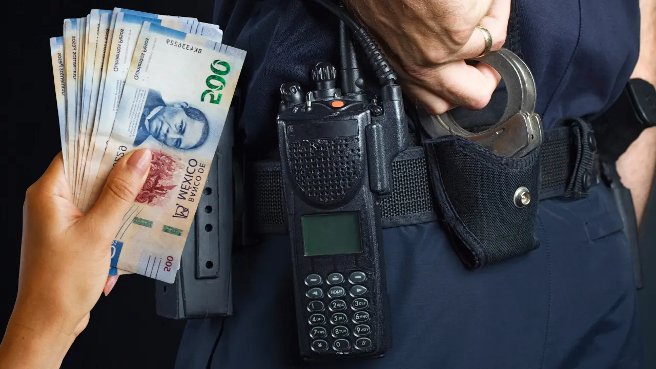 Policía en servicio, mano con dinero, por cobro de aguinaldo seguro en CDMX | Canva Pro | Freepik