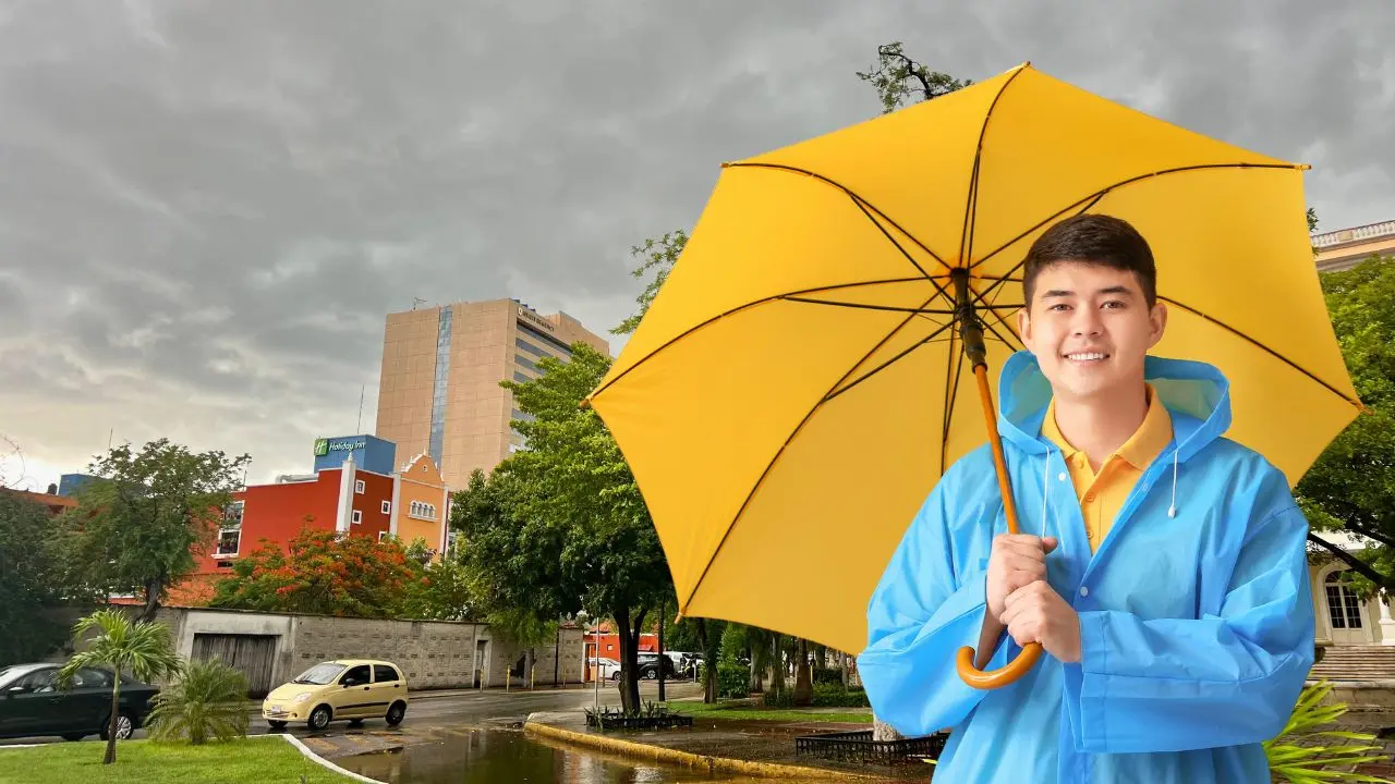 Al fondo, aspecto de un tramo del Paseo de Montejo donde el cielo se encuentra nublado con un potencial de lluvias.- archivo POSTA y Canva