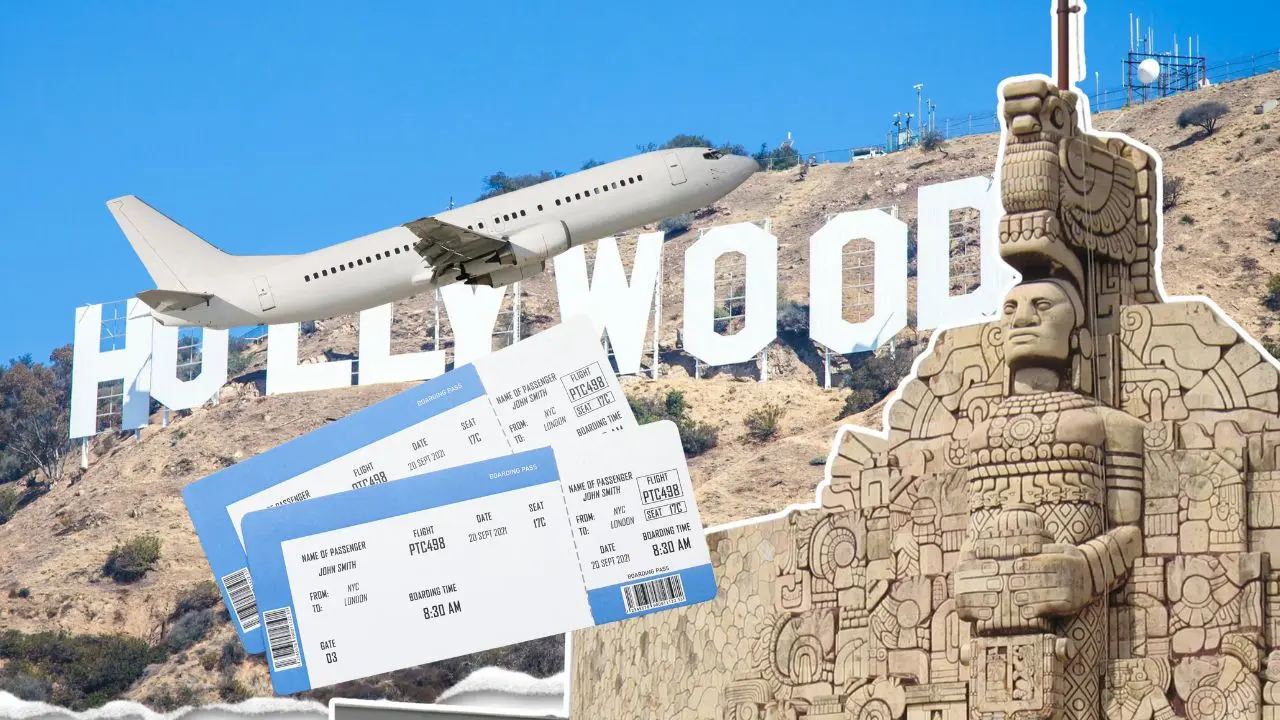 Al fondo, aspecto de las letras de Hollywood características de Los Ángeles y del monumento a la Patria en Mérida.- Fuente Canva