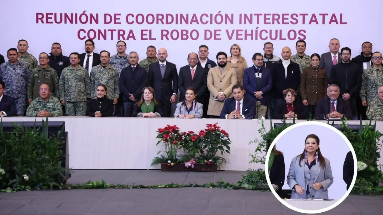 Reunión de Coordinación Interestatal contra el robo de vehículos, presentado por la jefa de Gobierno, Clara Brugada. | Gobierno CDMX l Canva
