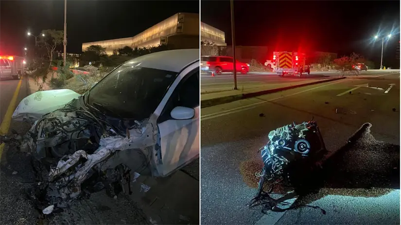 Un vehículo quedó en pérdida total luego de un fuerte accidente frente al Hotel Solaz, sobre el corredor turístico; la conductora fue trasladada a un hospital para su atención médica. Foto: Más Noticias de BCS / Facebook