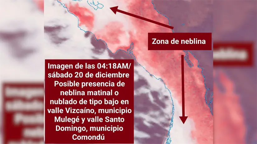 Imagen satelital de la madrugada de este sábado muestra posible presencia de neblina matinal en el valle Vizcaíno, en Mulegé, y el valle de Santo Domingo, en Comondú. Foto: Subsecretaría de Protección Civil BCS