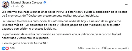 Captura de pantalla del comunicado Foto: Facebook Manuel Guerra